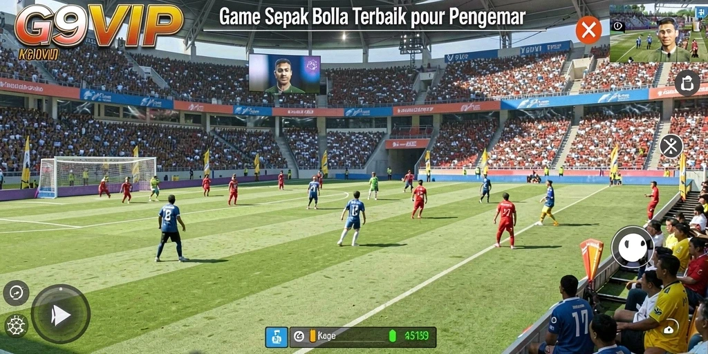 Screenshot G9VIP menampilkan aksi dinamis permainan sepak bola.
