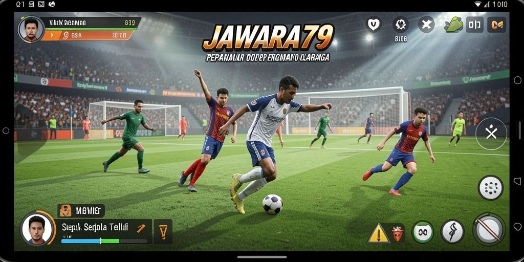 Tangkapan layar utama JAWARA79 menampilkan aksi seru di lapangan sepak bola.