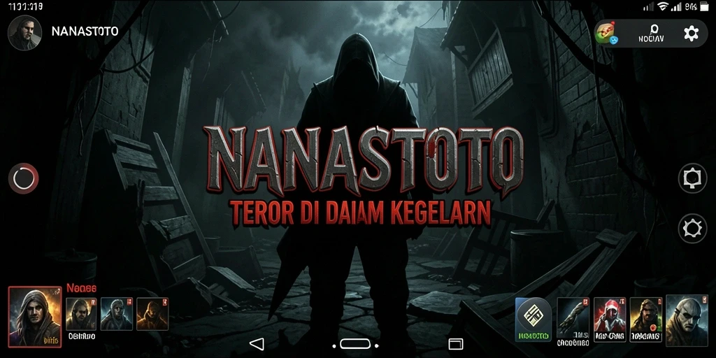 Screenshot gameplay NANASTOTO menampilkan suasana menyeramkan dan desain tingkat yang gelap.